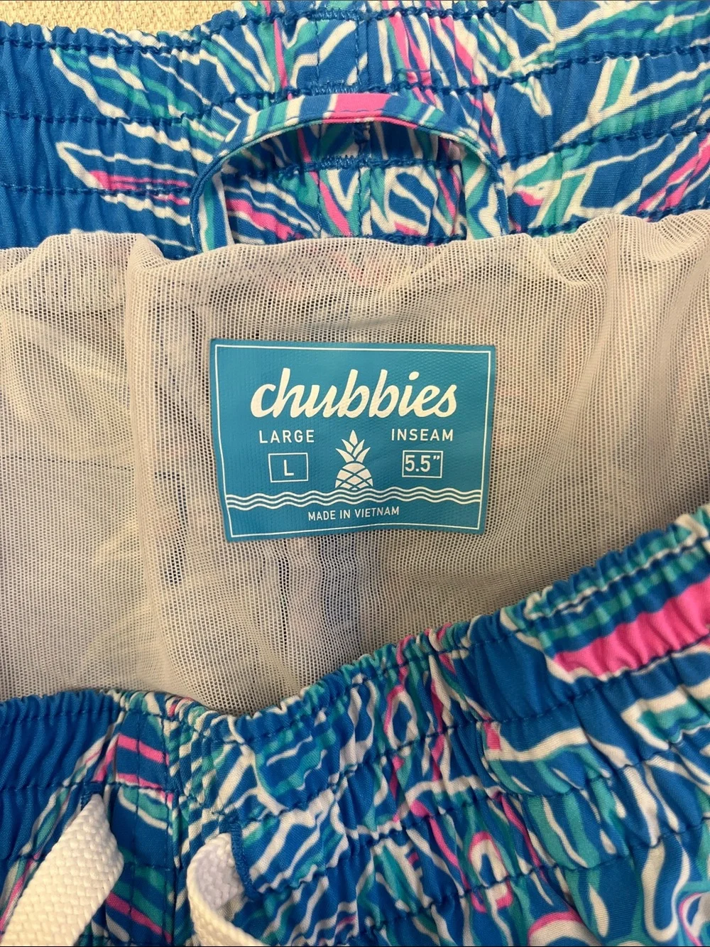 Chubbies Tropical Palm Print Swim Trunks Shorts Mens Large Blue